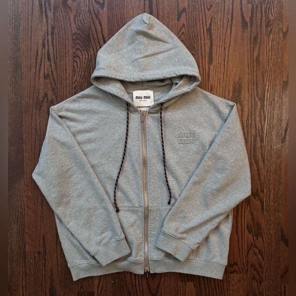 Plain Miu Miu Heather Gray Cotton Zip-Up Hoodie